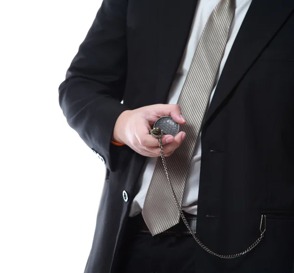 Uomo d'affari alla ricerca di un orologio da tasca, attraente uomo asiatico su bianco — Foto Stock