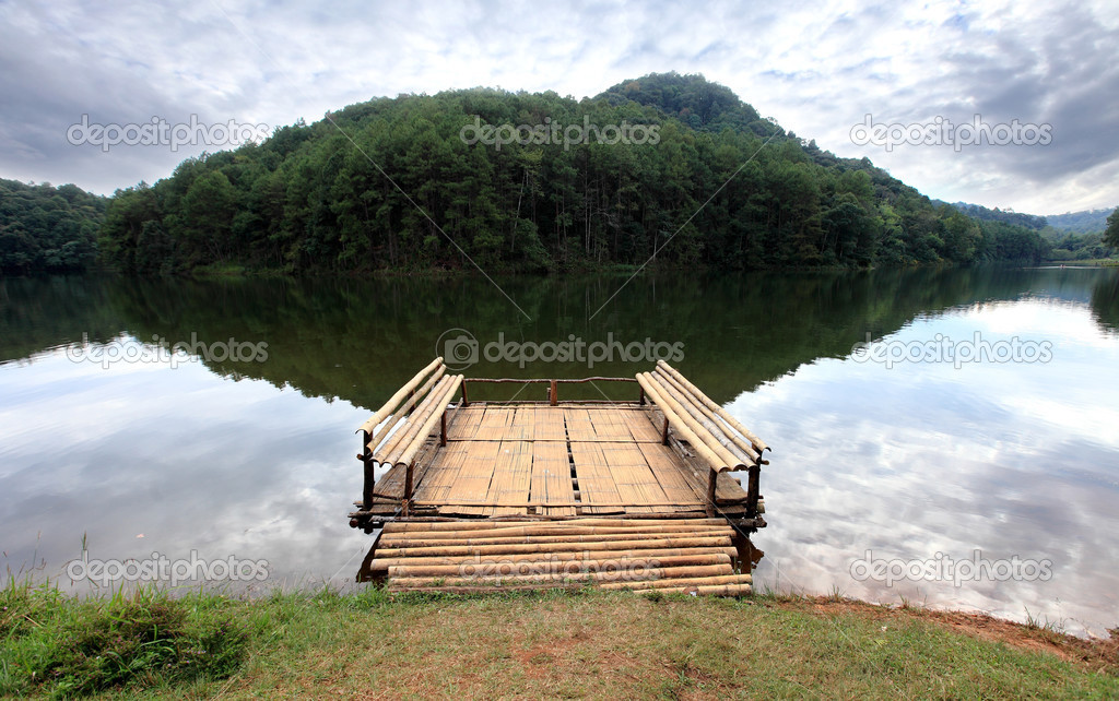 Bamboo Raft and cottages on the water at Pang-Ung, Mae-Hong-Son,