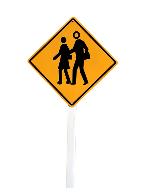 Panneau d'avertissement isolé sur blanc avec des personnes et des symboles de passage supérieur — Photo