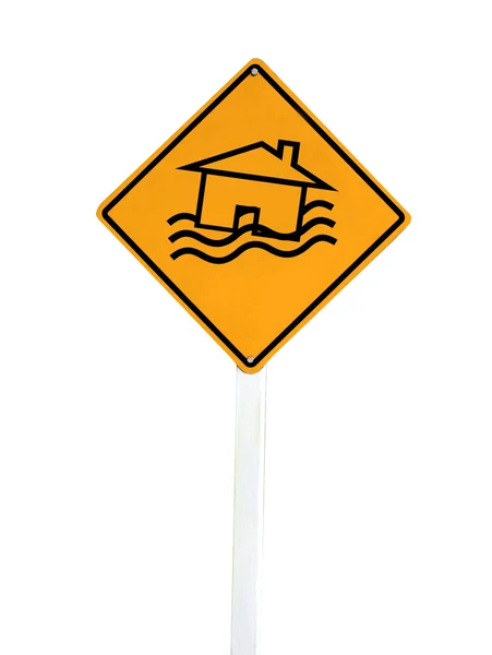 Flood Disaster Yellow Sign - House and waves on yellow sign isol — Stock Photo, Image