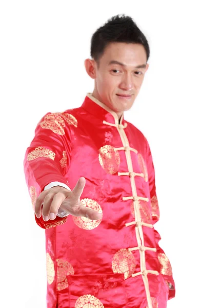 Счастливый азиатский китайский новый год рука нажатия на белом фоне — стоковое фото