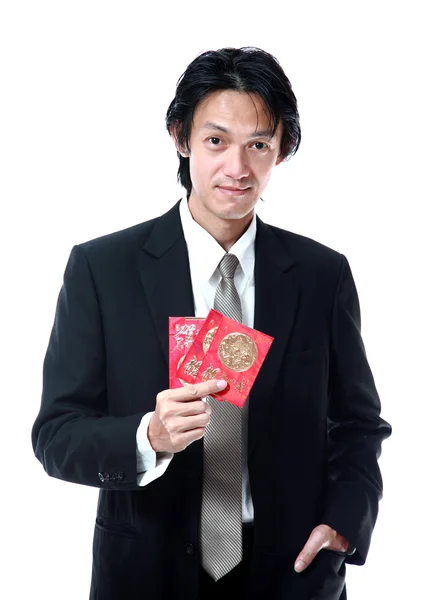 Businessman show cash gift pocket money for chinese new year , — Stock Photo, Image