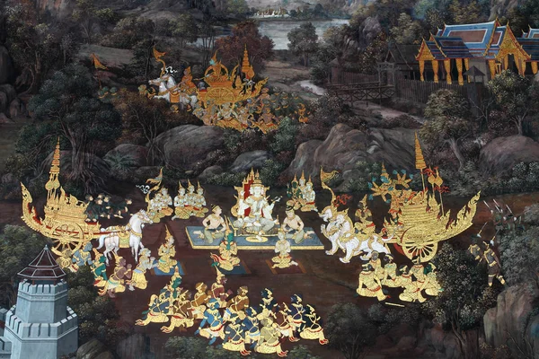 Arte tailandese tradizionale su una parete in tempio — Foto Stock