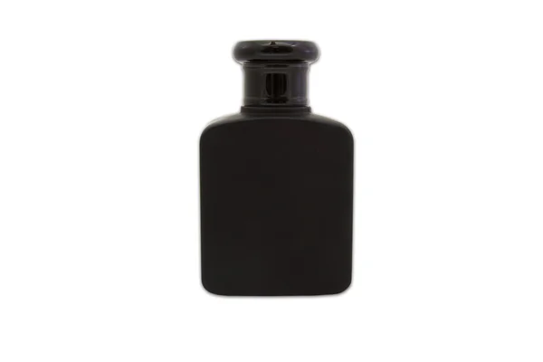 Frasco de perfume negro sobre fondo aislado con camino — Foto de Stock