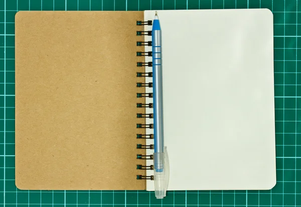 Cuaderno abierto de página en blanco con pluma azul — Foto de Stock