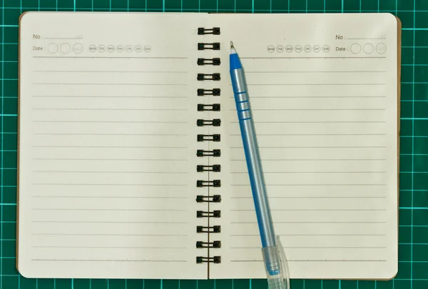 Cuaderno abierto de página en blanco con pluma azul — Foto de Stock