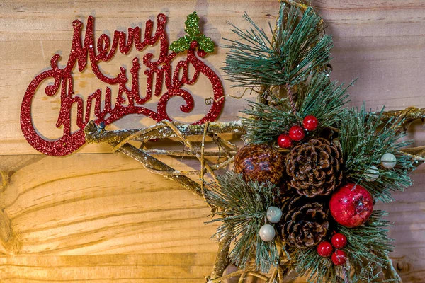 Glocke Und Stern Weihnachten Konzept Auf Holzplanke Hintergrund — Stockfoto