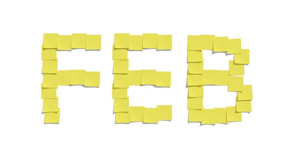 Жовті ноти пам'яті, що ілюструють FEBRUARY і включають відсічний контур — стокове фото