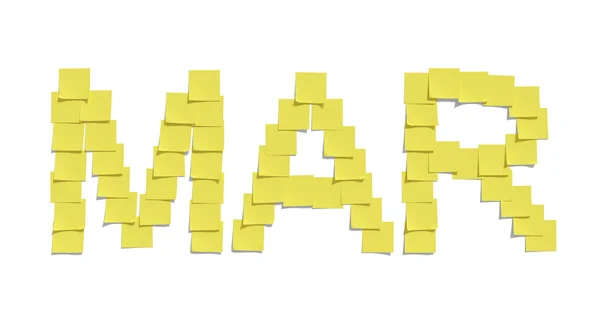 Yellow memo notes illustrating MARCH and including clipping path — Stock Photo, Image