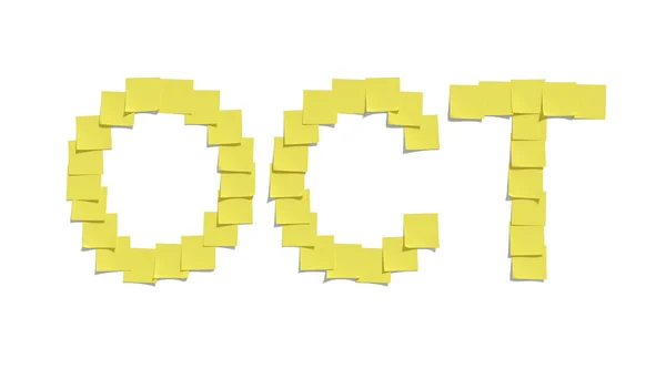Yellow memo notes illustrating OCTOBER and including clipping path — Stock Photo, Image