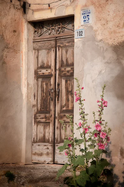 Porte en bois romantique à l'ancienne dans un village de montagne — Photo