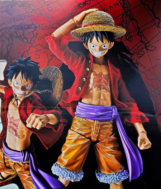 Osaka, Japonya - 17 Şubat 2022: Japon manga ve animasyon One Piece in Links Umeda, Osaka 'dan Maymun D. Luffy' nin fotoğrafı.