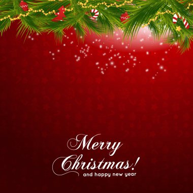 kırmızı model arka plan üzerinde çam dalları ile yılbaşı tebrik kartı. vektör çizim. mutlu Noeller arka plan!