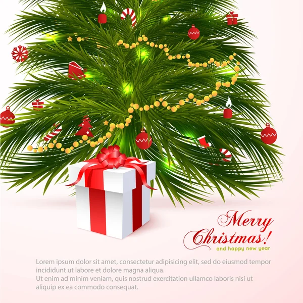 Beautiful christmas tree with red gift isolated on white background. Merry Christmas! For your design and business — Stock Vector