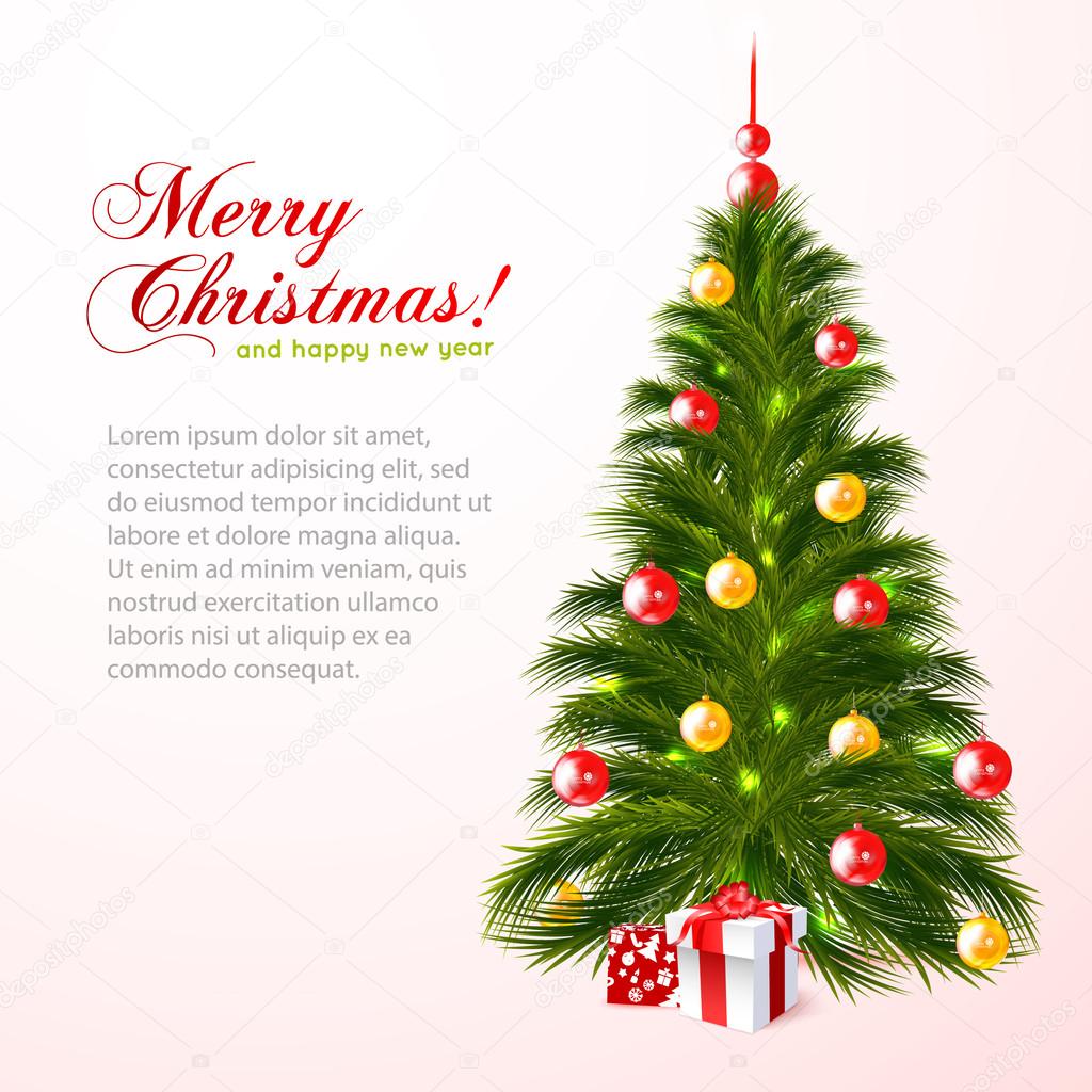 Beautiful christmas tree with red gifts isolated on white background. Merry Christmas! For your design and business