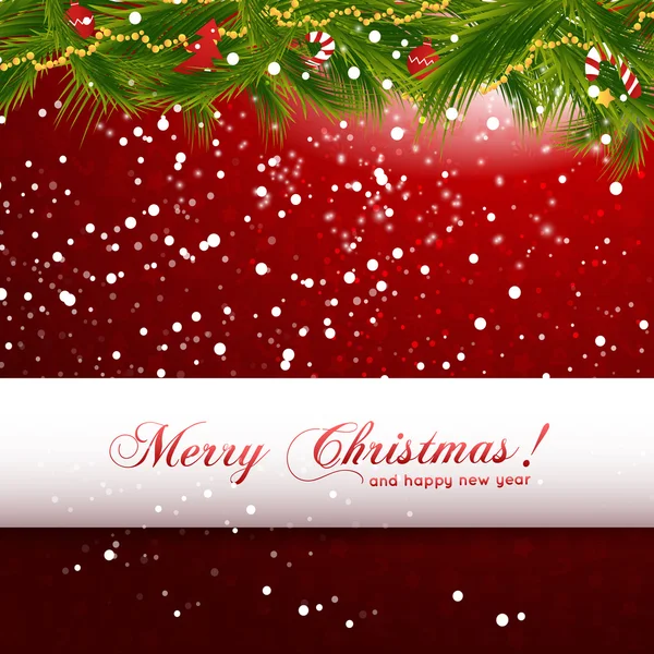 Karácsonyi üdvözlőlap fenyő ága a vörös mintás háttérrel. vektoros illusztráció. háttér-boldog karácsonyt! — Stock Vector