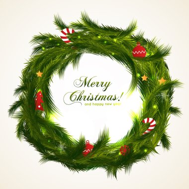 köknar ile gerçekçi Noel çelenk. vektör arka plan. mutlu Noeller!