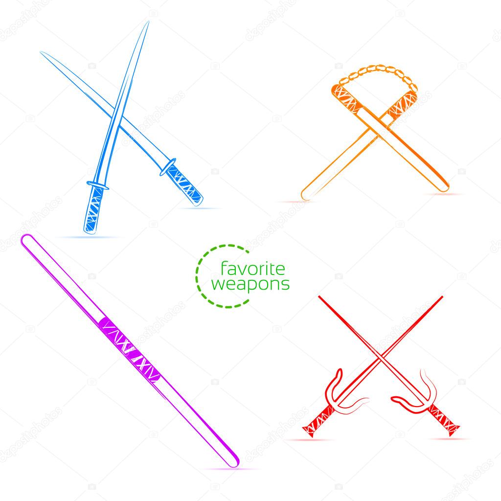 Favorite ninja weapons. Vector illustration for your design. Blue, orange, purple, red. SET.