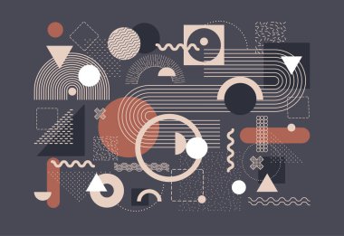 Soyut Bauhaus veya Memphis geometrik şekilleri ve kompozisyonu. Retro elementler, afiş için geometrik desen, poster, broşür. Arkaplan vektörü geometrik dizayn et