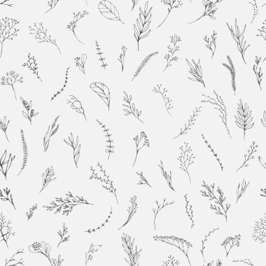 Vektör kusursuz desen. Çiçek dalı. El yapımı düğün otları, davetiye için zarif yapraklı ev bitkileri tarih kartı tasarımını sakla. Botanik kırsal trend yeşilliği