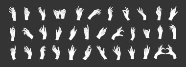 Bir dizi Vektör kadın güzellik elleri silueti. Düzenlenebilir vuruş boyutu. Düz çizgi, ince ve doğrusal tasarım. Basit ikonlar. Resim kavramını göster.