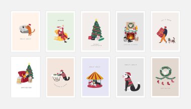 Noel ve yeni yıl için bir poster seti. Kış tatili tebrik kartları ve Noel süsleri. dekorasyonlar Çizgi film vektör el çizimi