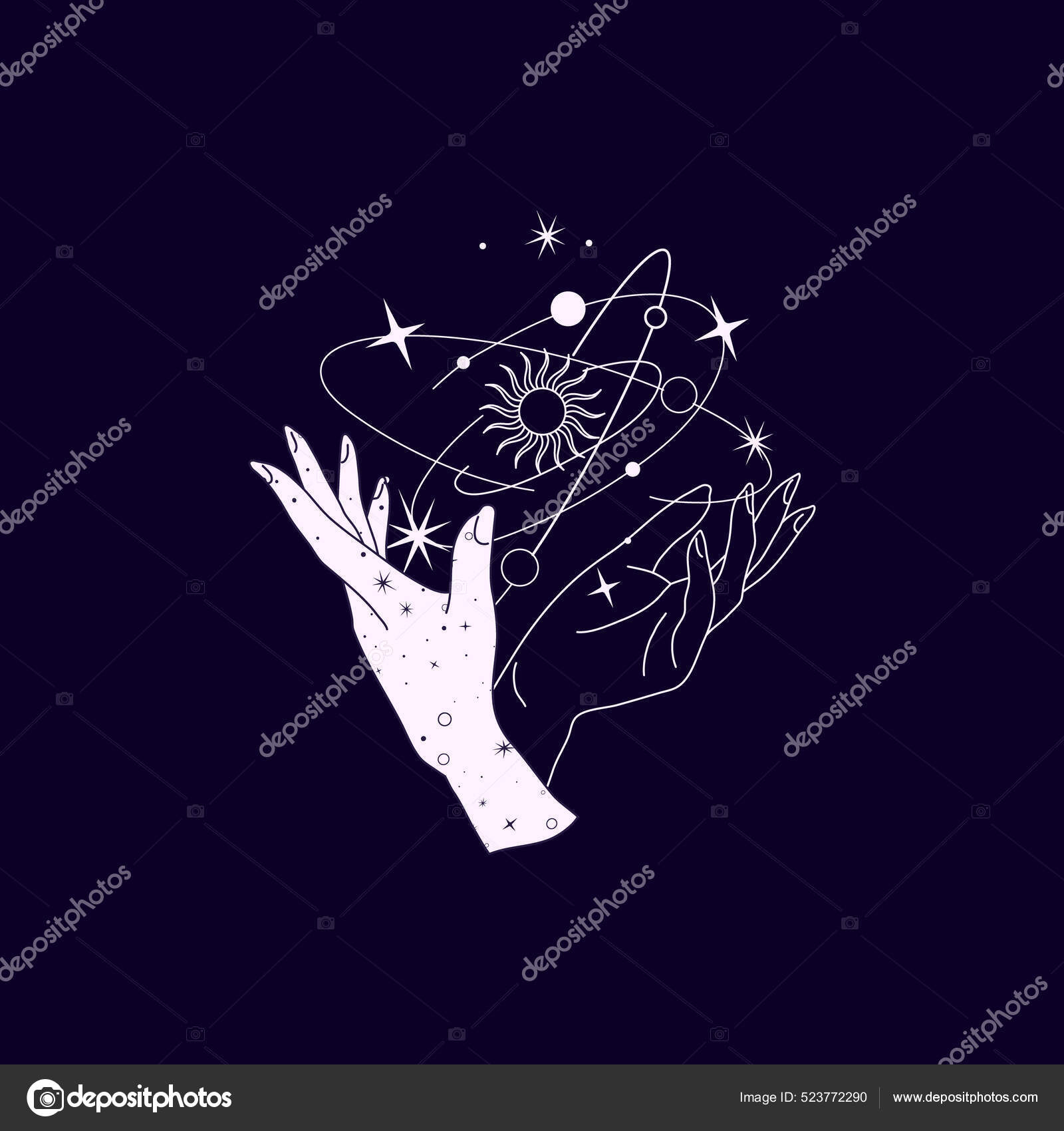 Logo magique ésotérique spirituel ou talisman avec des mains de femme en  style silhouette avec étoiles, géométrie sacrée lune et soleil. Modèle de  logo d'objet de tatouage mystique Alchemy. Vecteur Vecteur par ©