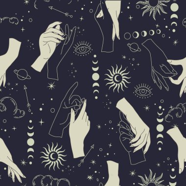 Ruhsal esrarengiz sihirli logo ya da kadın eli siluet şeklinde yıldızlı tılsım, kutsal geometri ayı ve güneş. Simyacı mistik bir obje logo kalıbı. Vektör