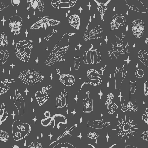 Vektor nahtloses Muster mit Boho handgezeichneten mystischen oder magischen esoterischen Doodle-Elementen und Logosymbolen mit Händen, Rabendolch. Schwarz umrissen. Abstrakter Vektor — Stockvektor