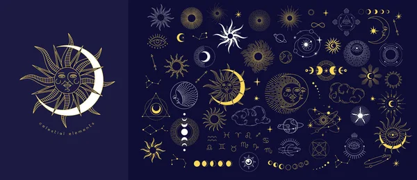 Ensemble d'éléments magiques ésotériques mystiques célestes soleil lune et nuages Différents stades de la lune, signes du zodiaque. Modèle de logo d'objet de tatouage alchimie. Vecteur — Image vectorielle