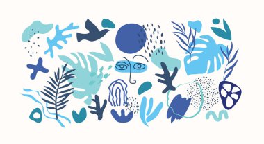 Organik el yazması matisse sanat tarzında soyut moda karalama. El, çeşitli şekiller ve nesneler çizdi. Posterler için çağdaş modern simgeler şablonları, sosyal medya. Vektör