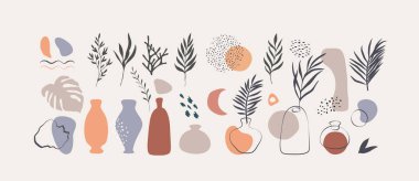 Organik el yazması matisse sanat tarzında tropikal yapraklı minimal karalama vazosu. - Evet. Çağdaş bohem poster baskısı. Vektör