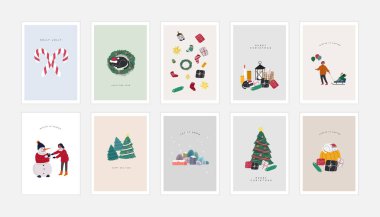 Noel ve yeni yıl için bir poster seti. Kış tatili tebrik kartları ve Noel süsleri. dekorasyonlar Çizgi film vektör el çizimi