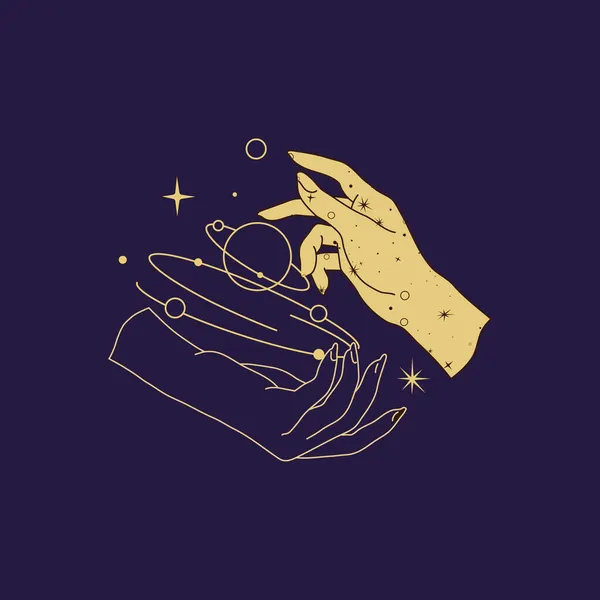 Logo sihir esoterik spiritual atau jimat dengan tangan wanita dalam gaya siluet dengan bintang-bintang, bulan geometri suci dan matahari. Logo logo objek bertato mistik Alkimia. Vektor - Stok Vektor