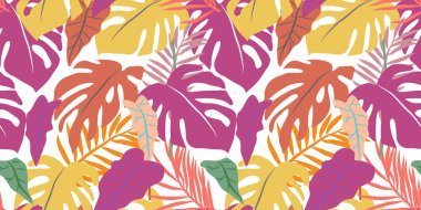 Tropikal bitki yaprakları, orman palmiyesi ve canavar yapraklarıyla vektörsüz desen. Çiçek vektörü