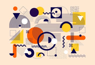 Soyut Bauhaus veya Memphis geometrik şekilleri ve kompozisyonu. Retro elementler, afiş için geometrik desen, poster, broşür. Arkaplan vektörü geometrik dizayn et