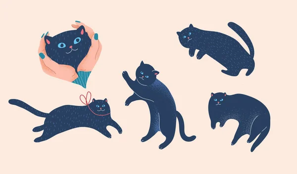Смешные мультяшные черные кошки. Набор милых персонажей. Вектор — стоковый вектор