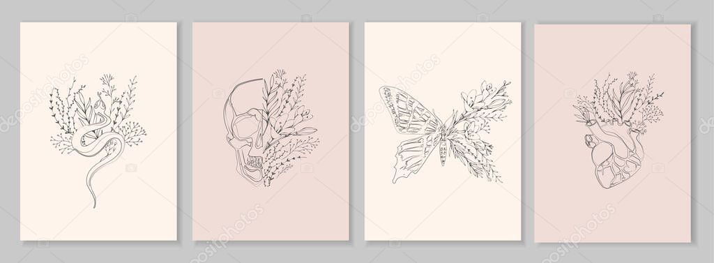 Half shape butterfly and skull, heart and snake with branch and flowers for tattoo t-shirt print or wall art. Hand drawn wedding herb. Botanical rustic trendy greenery. Vector
