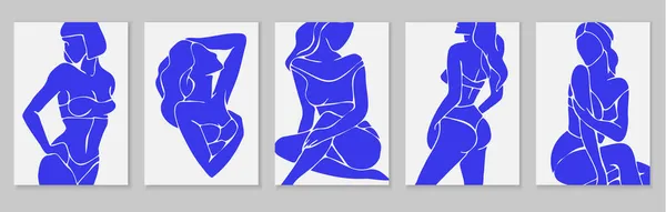 Poster-poster bergaya matisse feminin kontemporer. Wanita dengan sedikit mosaik siluet. Ilustrasi oleh feminitas, keindahan dan seni modern. Vektor abstrak - Stok Vektor