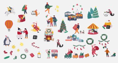 Kartlar için yılbaşı ve yeni yıl kutlamaları. Noel kostümü giymiş bir animatör, Noel Baba ve ailesi. Noel kış fuarı. Çizgi film vektörü