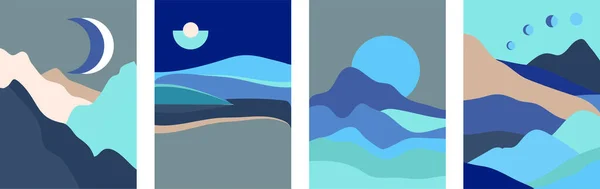 Conjunto de carteles abstractos contemporáneos de paisaje en estilo boho. Vista de las colinas de montaña con nubes, sol y fondo minimalista moon.Mid siglo para la decoración del hogar, decoración de la pared o cubiertas — Vector de stock