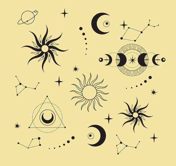 Set of celestial mystic esoteric magic elements sun moon and clouds Different stages of moon, zodiac Signs. Alchemy tattoo object logo template. Vector