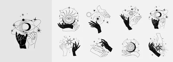 Logotipo mágico esotérico espiritual ou talismã com mãos de mulher em estilo silhueta com estrelas, lua geometria sagrada e sol. Modelo de logotipo de objeto de tatuagem místico de alquimia. Vetor —  Vetores de Stock
