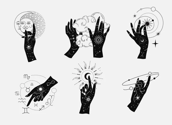 Duchowe ezoteryczne magiczne logo lub talizman z kobiecymi dłońmi w stylu sylwetki z gwiazdami, świętą geometrią księżyca i słońca. Alchemiczny wzór logo mistycznego tatuażu. Wektor — Wektor stockowy