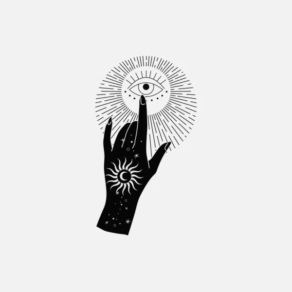 Logotipo mágico esotérico espiritual o talismán con manos de mujer en estilo silueta con estrellas, geometría sagrada luna y sol. Plantilla de logotipo de objeto de tatuaje místico Alchemy. Vector — Archivo Imágenes Vectoriales
