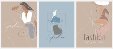 Kadınsı konsept tasarım şablonu ve çizimi. Dişilik, güzellik ve modern sanatla en az çizgisel tarzda moda illüstrasyonu yapan bir kadın. Soyut poster ve t-shirt yazdırma vektörü