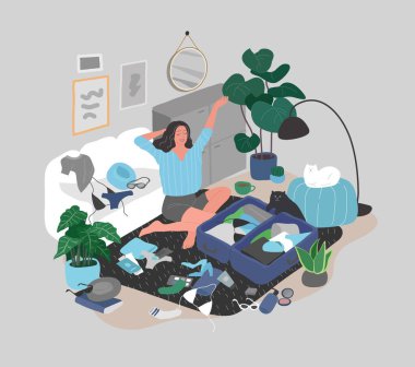 Günlük hayat sahnelerinde güzel bir kız. Genç bir kadın alışveriş yapıyor, makyaj yapıyor, uyuyor, rahatlıyor, banyo yapıyor, kıyafet seçiyor, kediyle oynuyor, çalışıyor, çiçekleri suluyor. Düz çizgi film vektörü