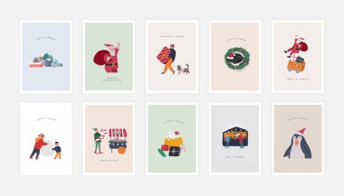 Noel ve yeni yıl için bir poster seti. Kış tatili tebrik kartları ve Noel süsleri. dekorasyonlar Çizgi film vektör el çizimi