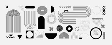 Soyut Bauhaus veya Memphis geometrik şekilleri ve kompozisyonu. Retro elementler, afiş için geometrik desen, poster, broşür. Arkaplan vektörü geometrik dizayn et