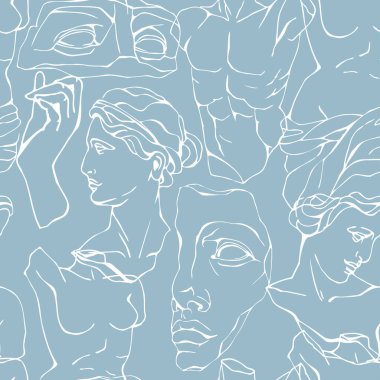 Antika mermer heykeller ve kırık elementlerle vektörsüz desen. Antik Yunan Venüs klasiği, amfora. El çizimi efsanevi trend vektörü